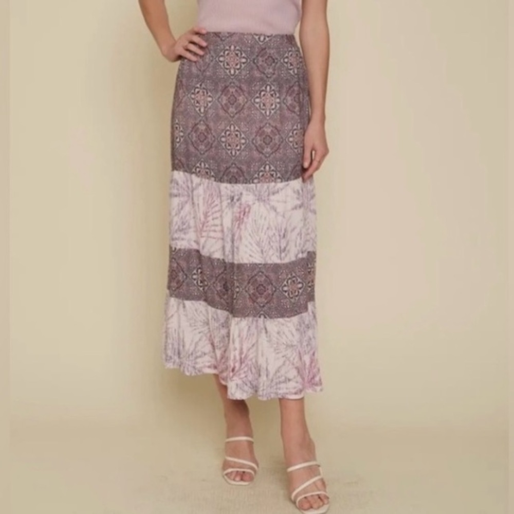 🟠NWT MYSTREE Boho Tiered Maxi Skirt in Purple/Gray/White Design SMALL